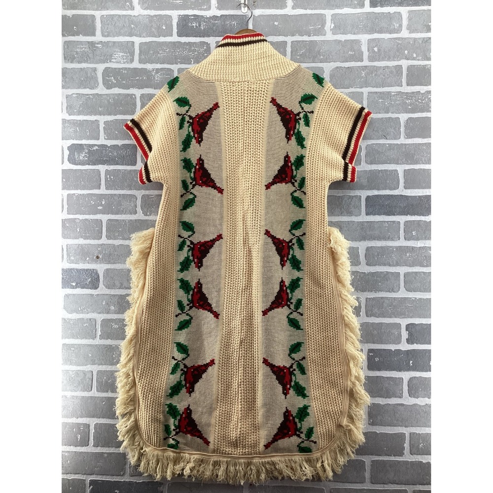 Vintage Araba Mexico Knit Poncho Cardinal Bird Fringe Cream Red Green Longline - Picture 4 of 4